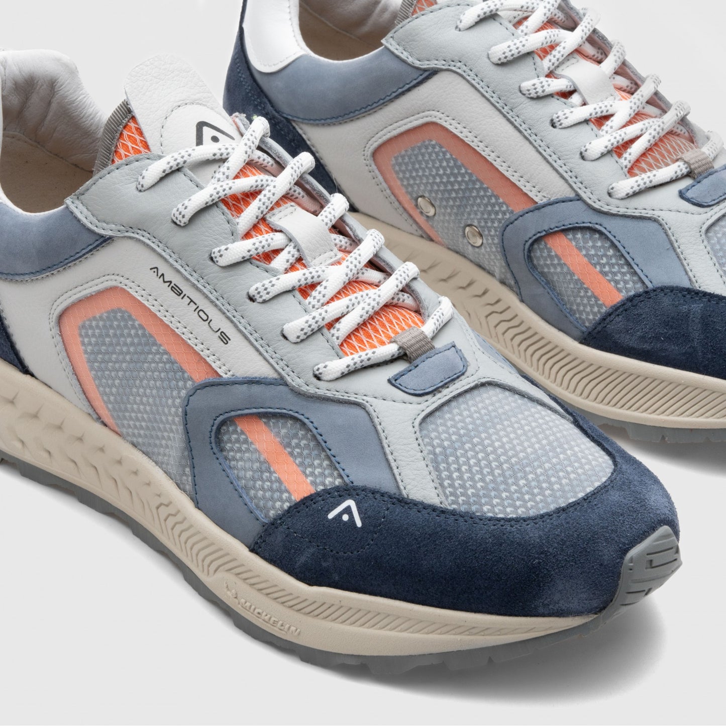 GREY TRAINERS WITH ORANGE AND NAVY BLUE DESIGN