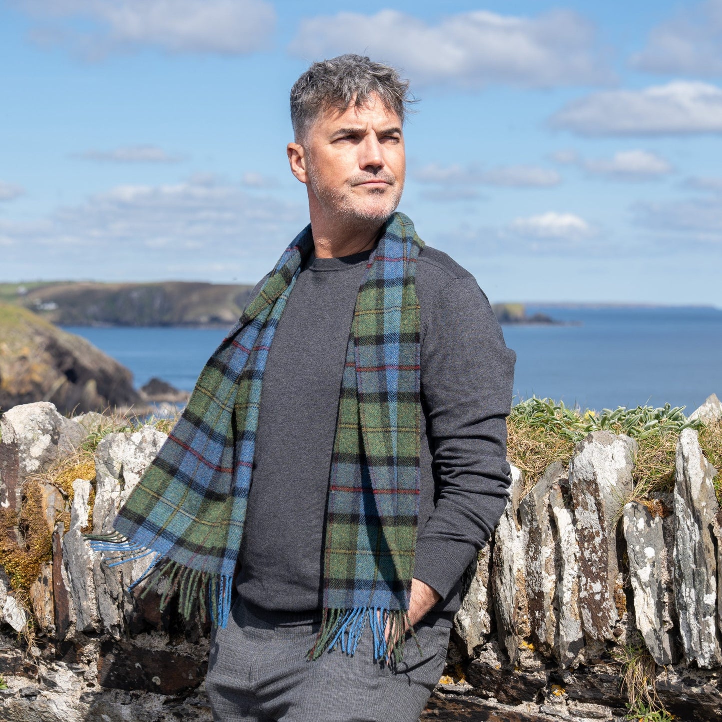 DENIM AND GREEN TARTAN LAMBSWOOL SCARF