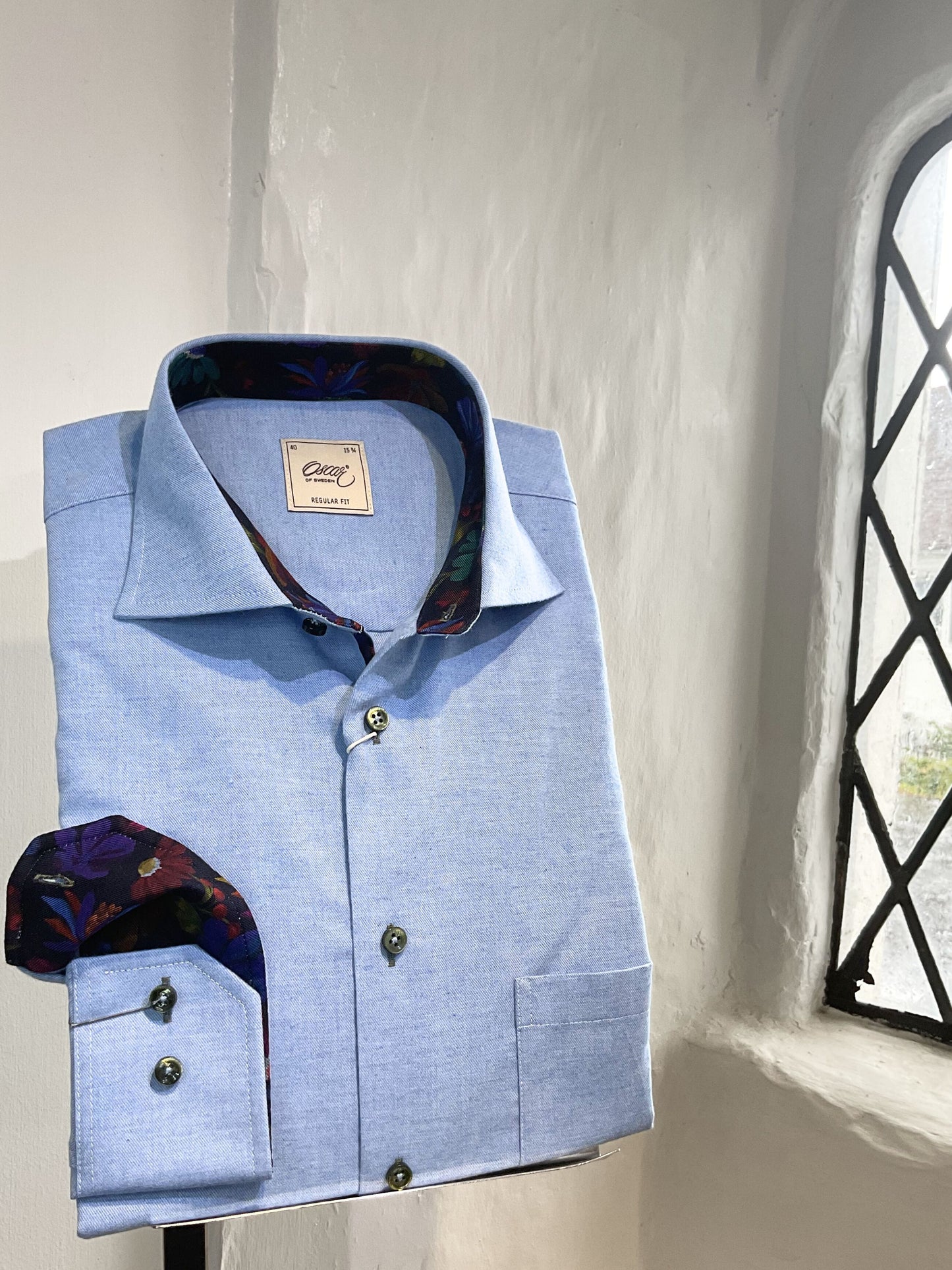 MID BLUE PLAIN LONG SLEEVE SHIRT WITH FLORAL TRIM