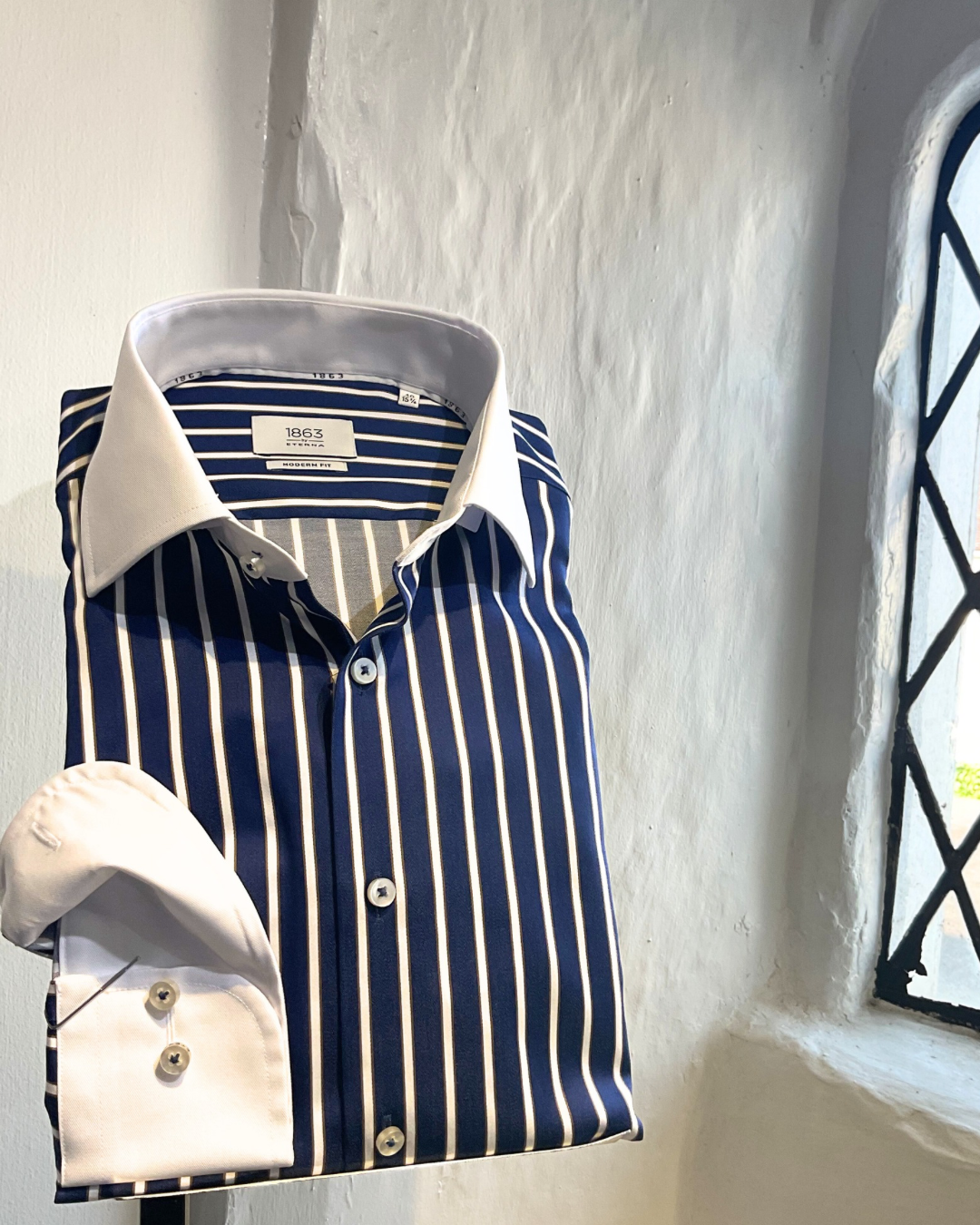 NAVY STRIPE LONG SLEEVE SHIRT WITH WHITE COLLAR AND CUFFS  Hansfords  Menswear