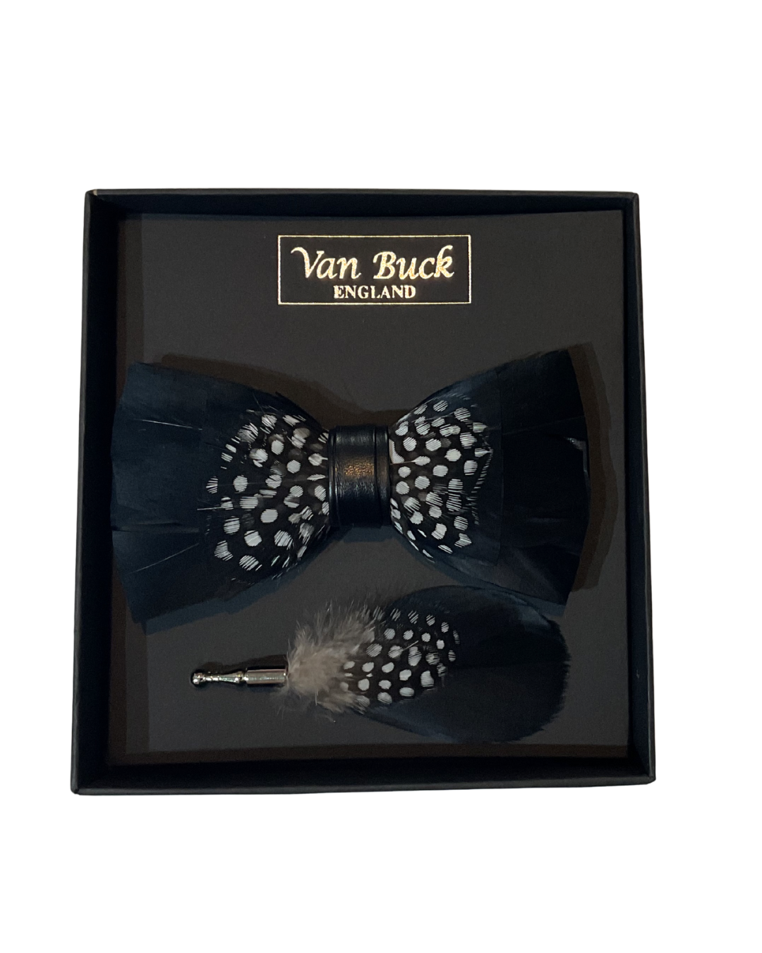 BLACK AND WHITE DOTS FEATHER BOW TIE & LAPEL PIN SET