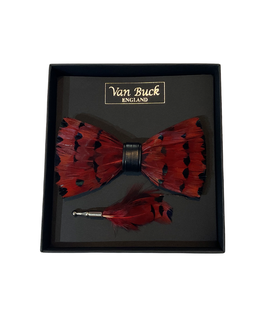 DEEP RED FEATHER BOW TIE & LAPEL PIN SET