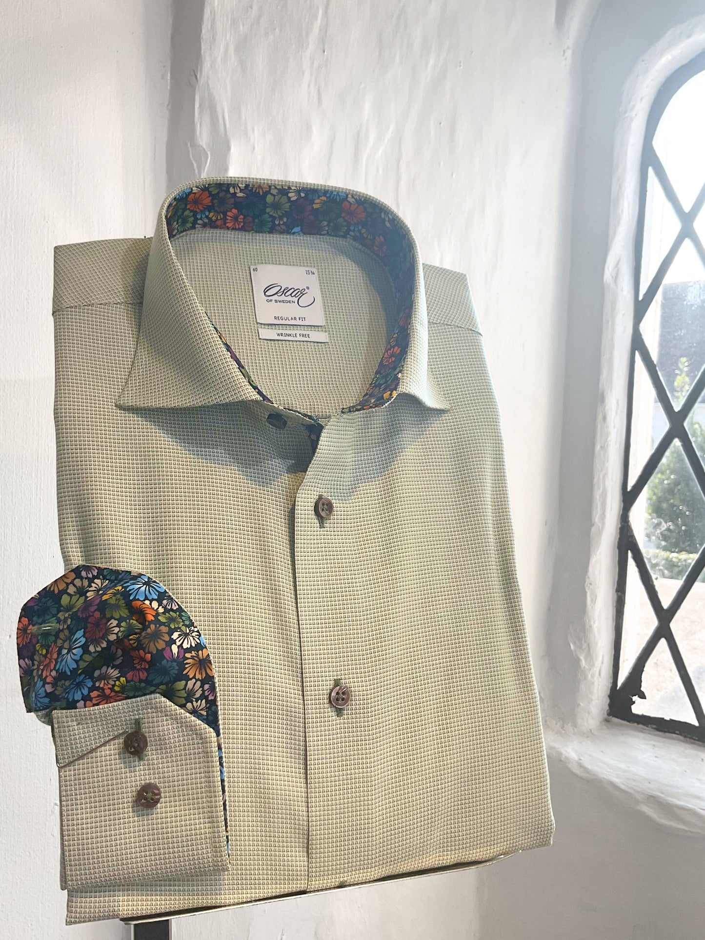 FOREST GREEN MICRO CHECK LONG SLEEVE SHIRT WITH FLORAL INSERT AND BROWN BUTTONS