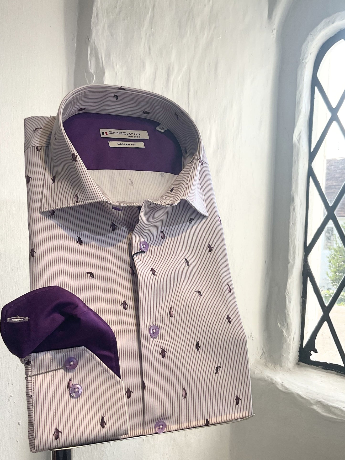 PURPLE THIN STRIPE WITH PENGUIN PRINT LONG SLEEVE SHIRT