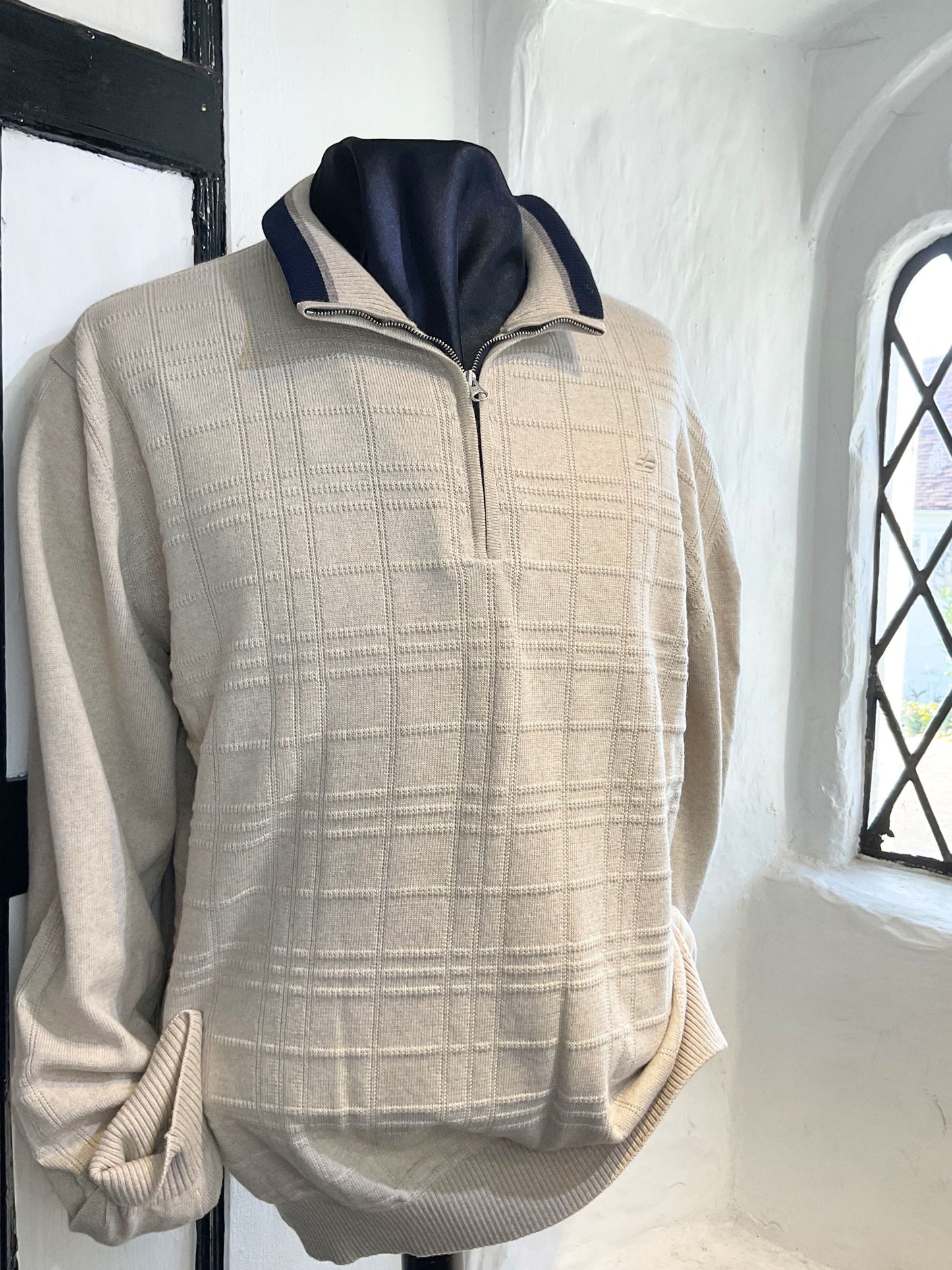 GREEN COAST BEIGE TEXTURED BUTTON NECK JUMPER