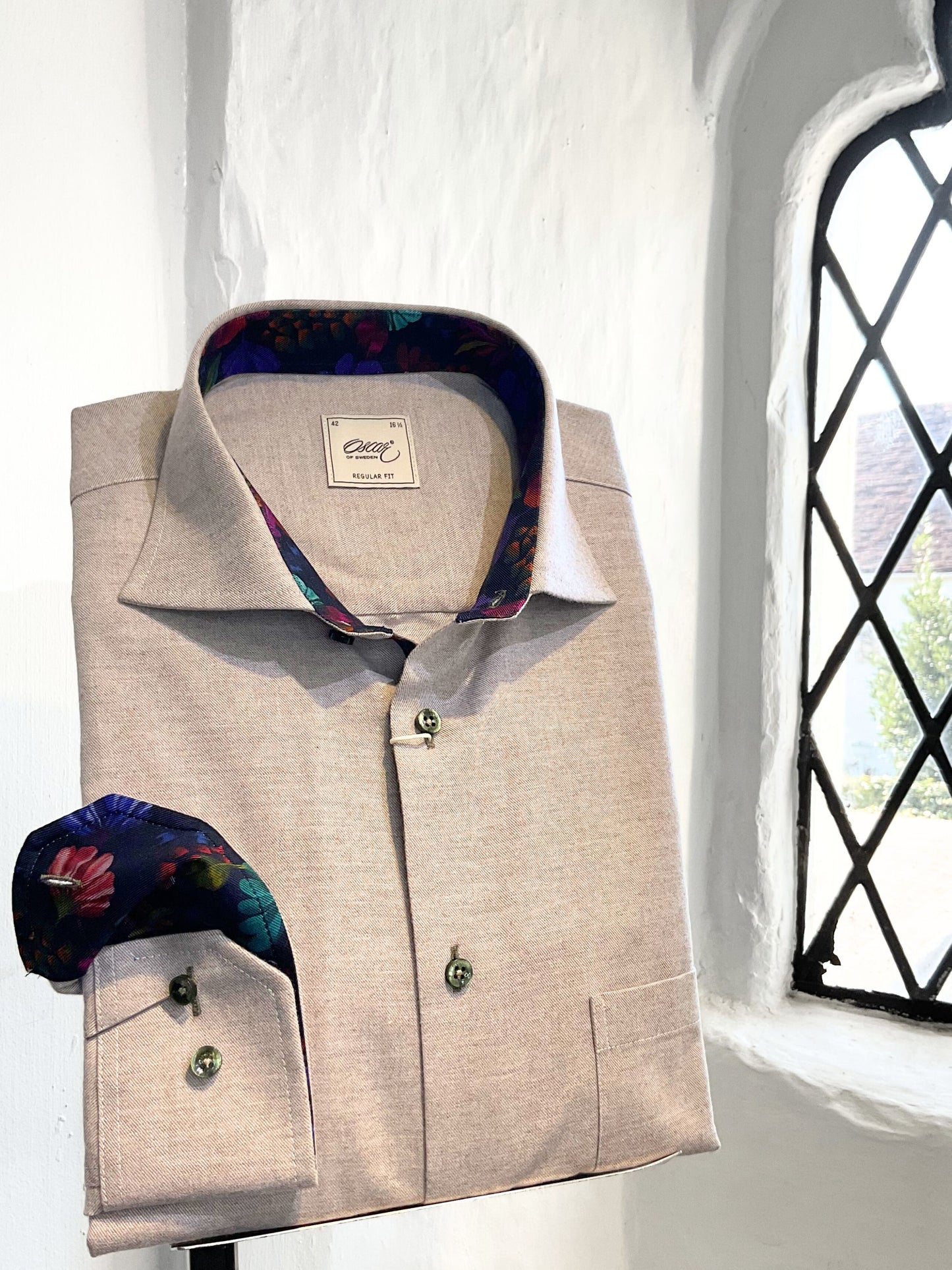 CHAMPAGNE BEIGE PLAIN LONG SLEEVE SHIRT WITH FLORAL TRIM