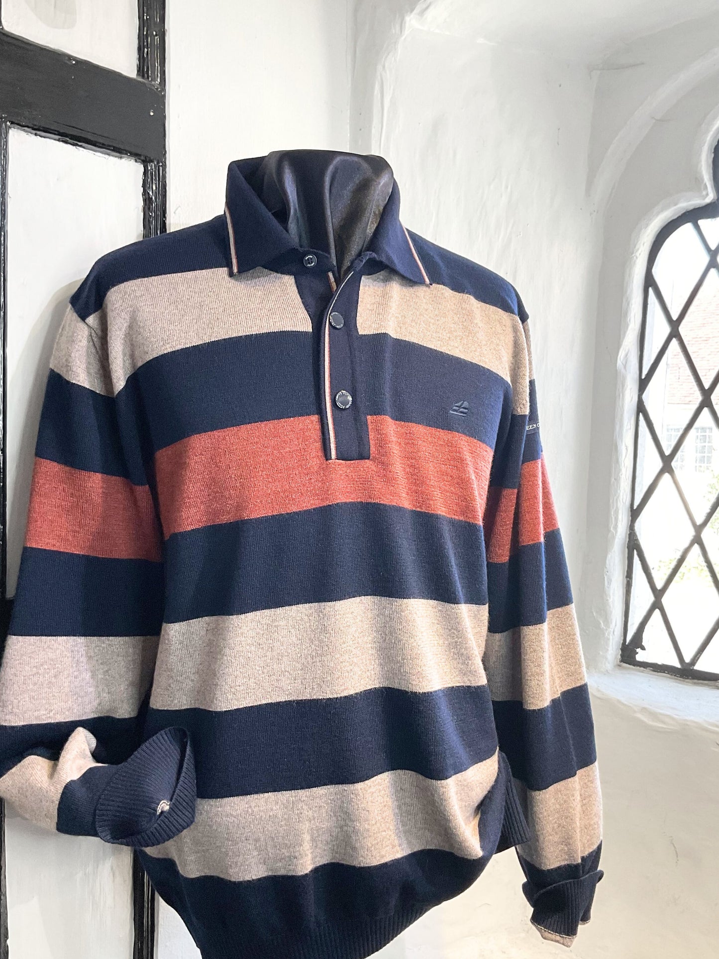 GREEN COAST STRIPED BUTTON NECK JUMPER