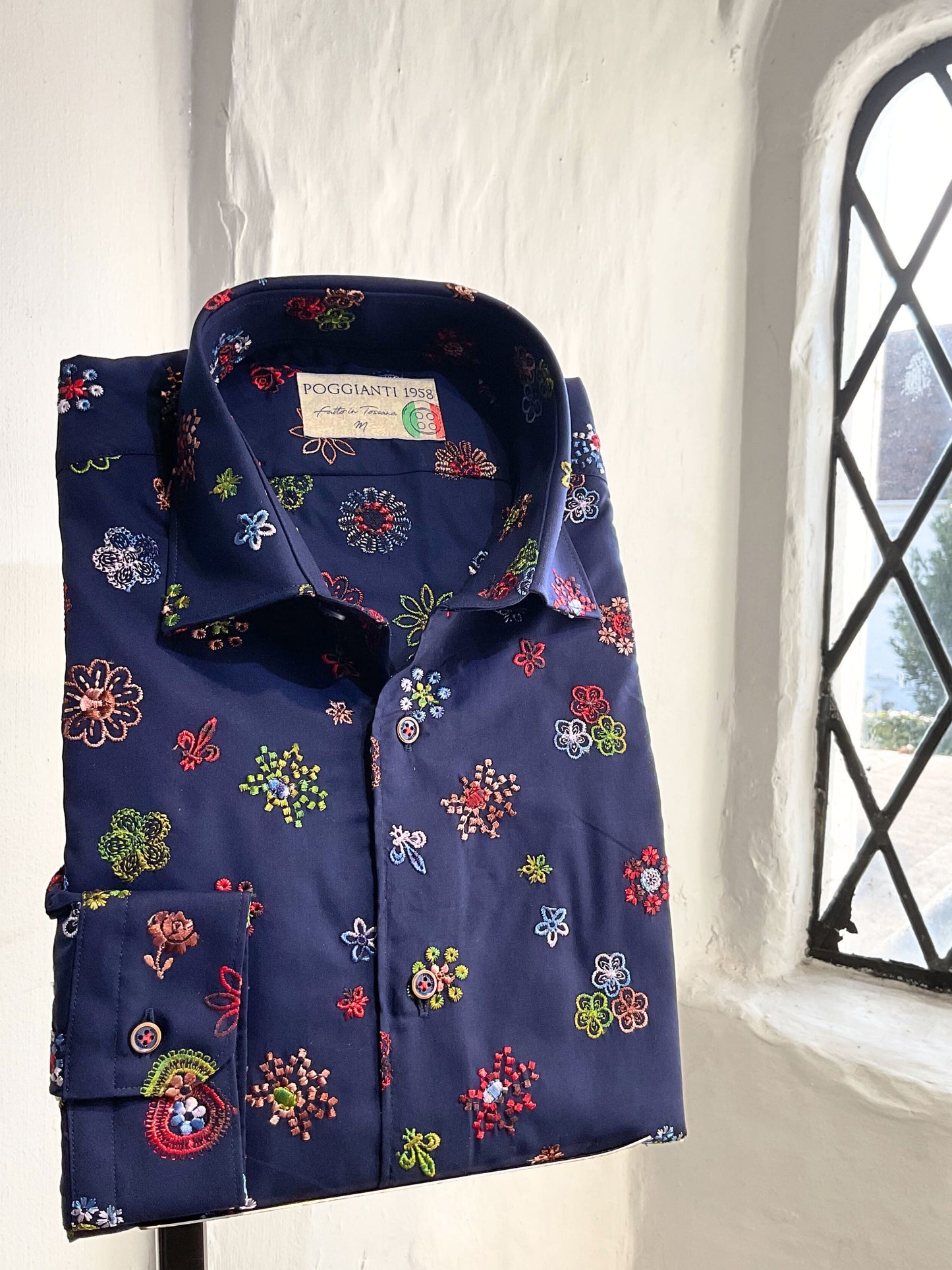 NAVY WITH BRIGHT FLORAL EMBOIDERY LONG SLEEVE SHIRT