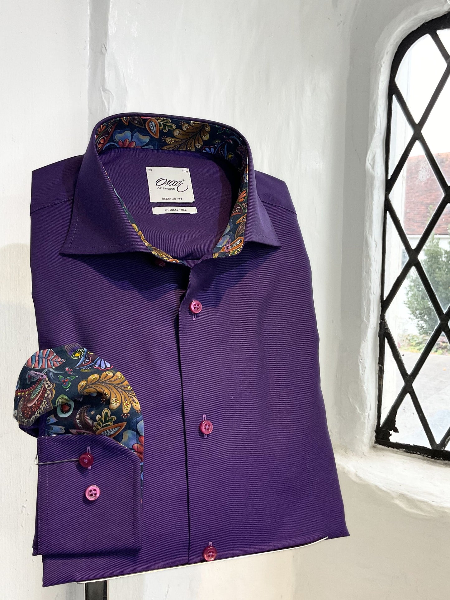 DARK PURPLE PLAIN LONG SLEEVE SHIRT WITH FLORAL INSERT AND PINK BUTTONS