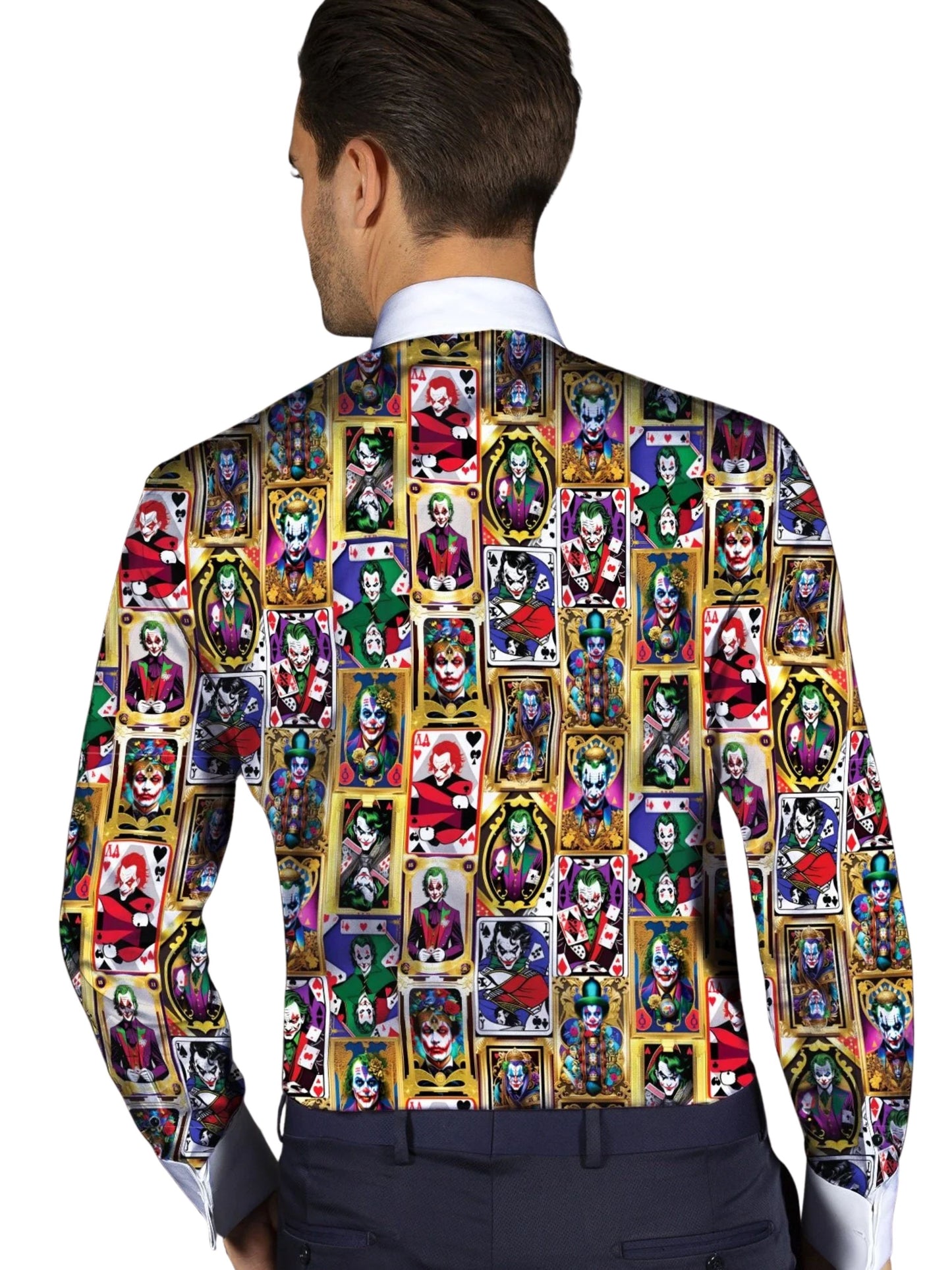 JOKER PRINT WHITE TUXEDO LONG SLEEVE SHIRT