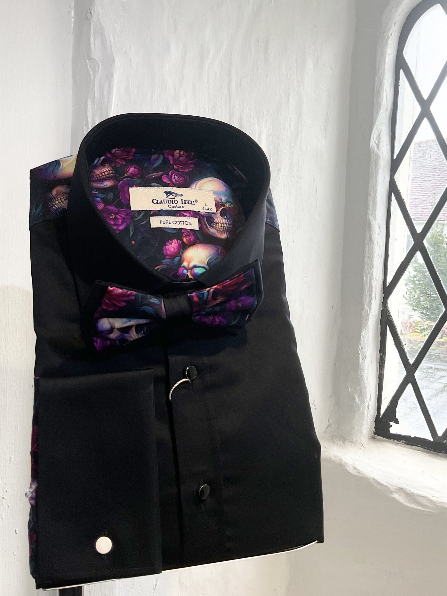 SKULL PRINT BLACK TUXEDO LONG SLEEVE SHIRT