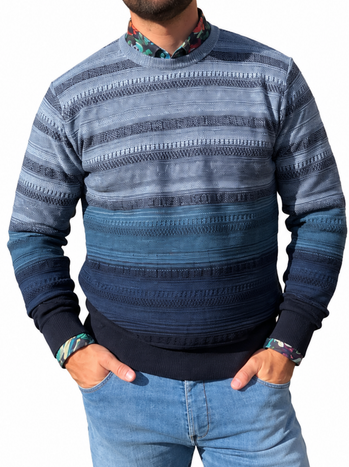 TEXTURED BLUE OMBRE STRIPE WOOL BLEND JUMPER