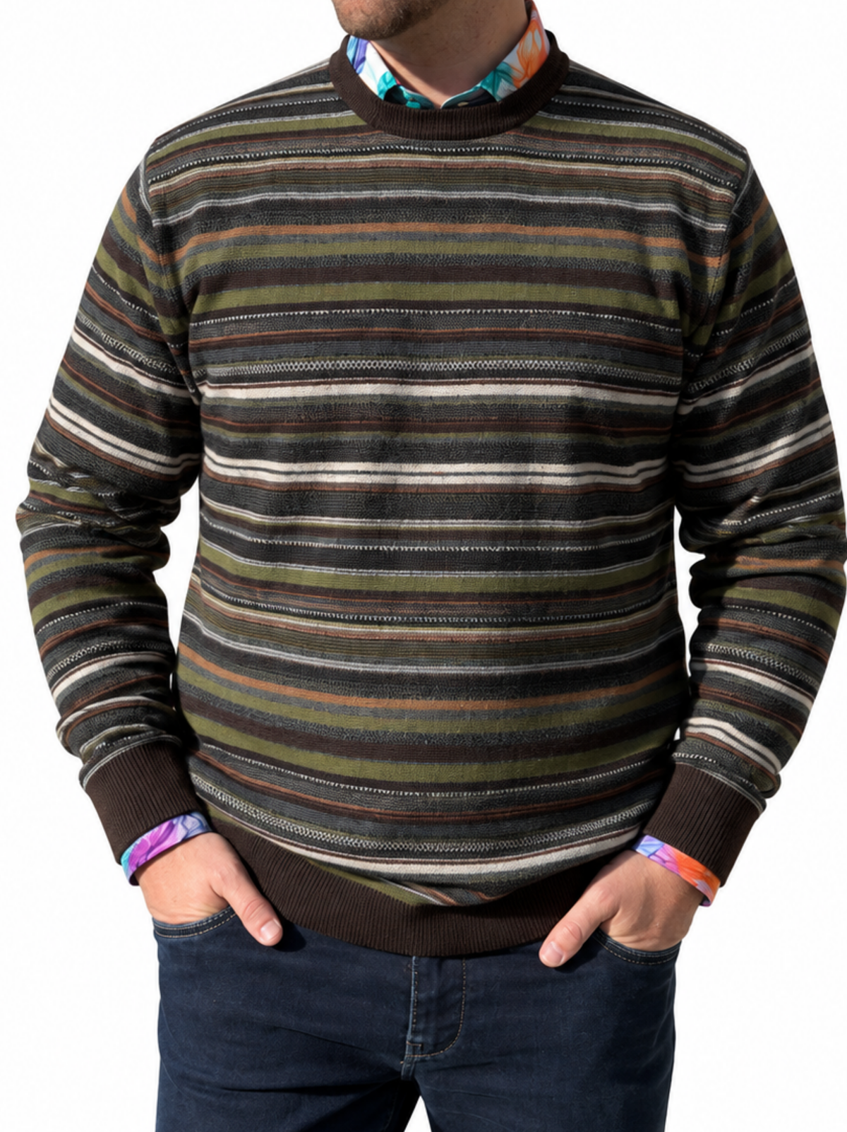 TEXTURED BROWN AND BLUE OMBRE STRIPE WOOL BLEND JUMPER