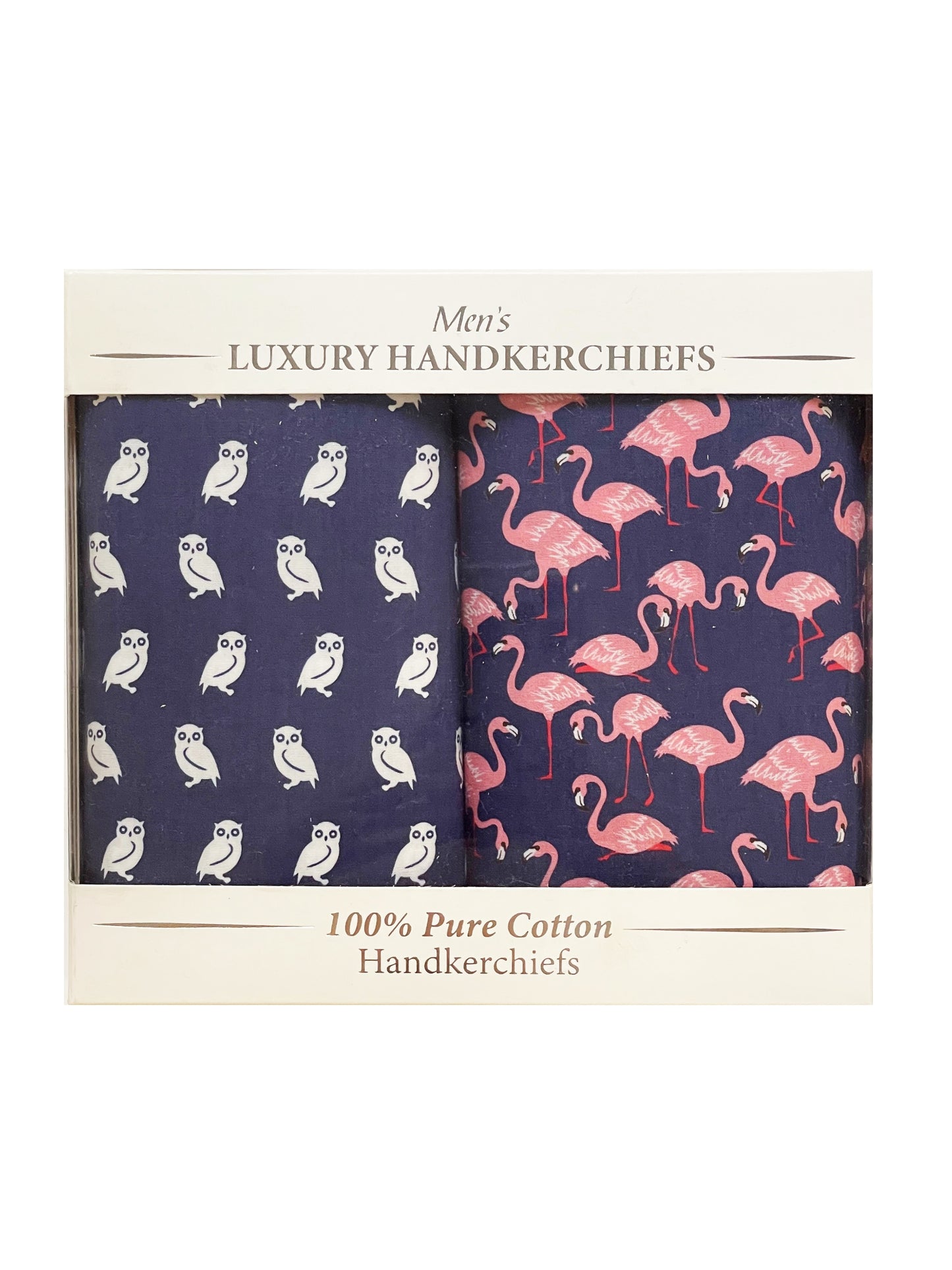 OWL AND FLAMINGO PRINT HANDKERCHIEFS BOX OF TWO