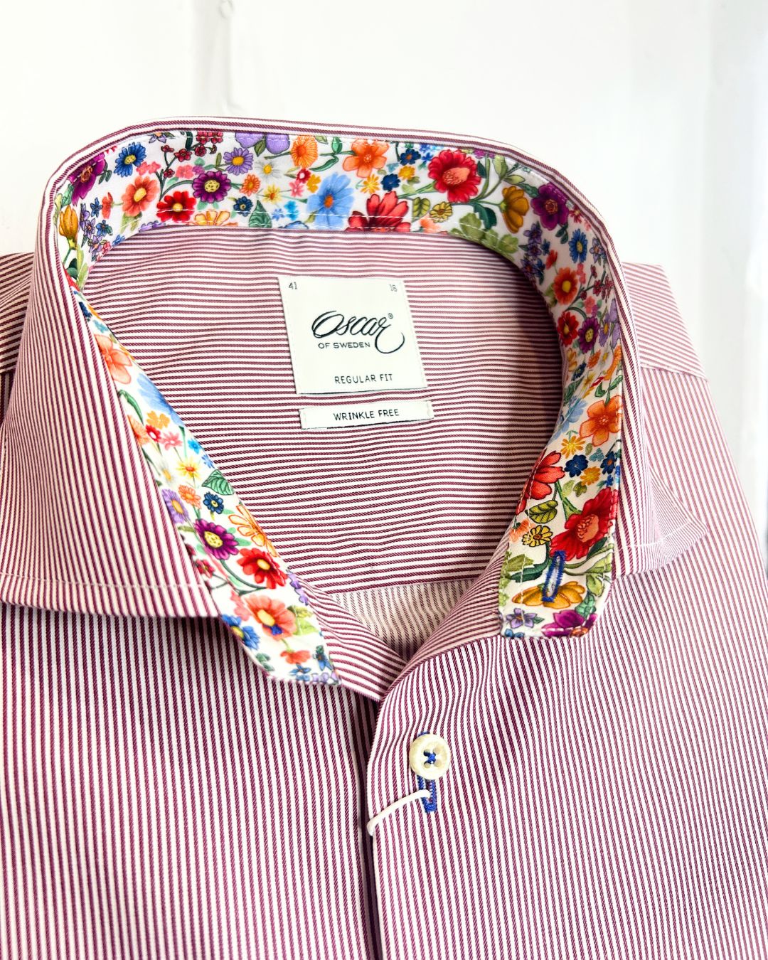 CHINESE THIN STRIPE LONG SLEEVE SHIRT WITH FLORAL TRIM