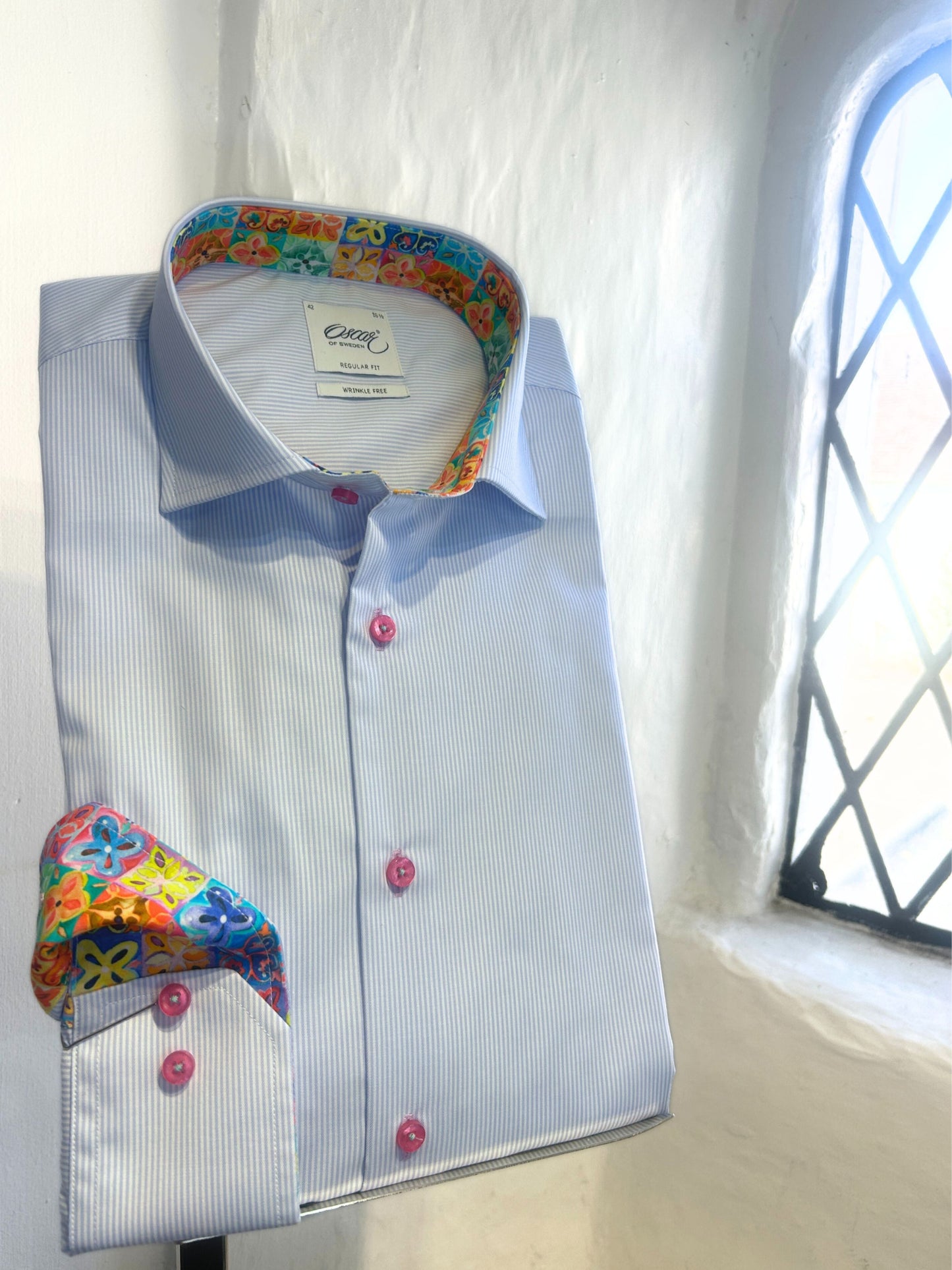 LIGHT BLUE STRIPE LONG SLEEVE SHIRT WITH MOSAIC TRIM