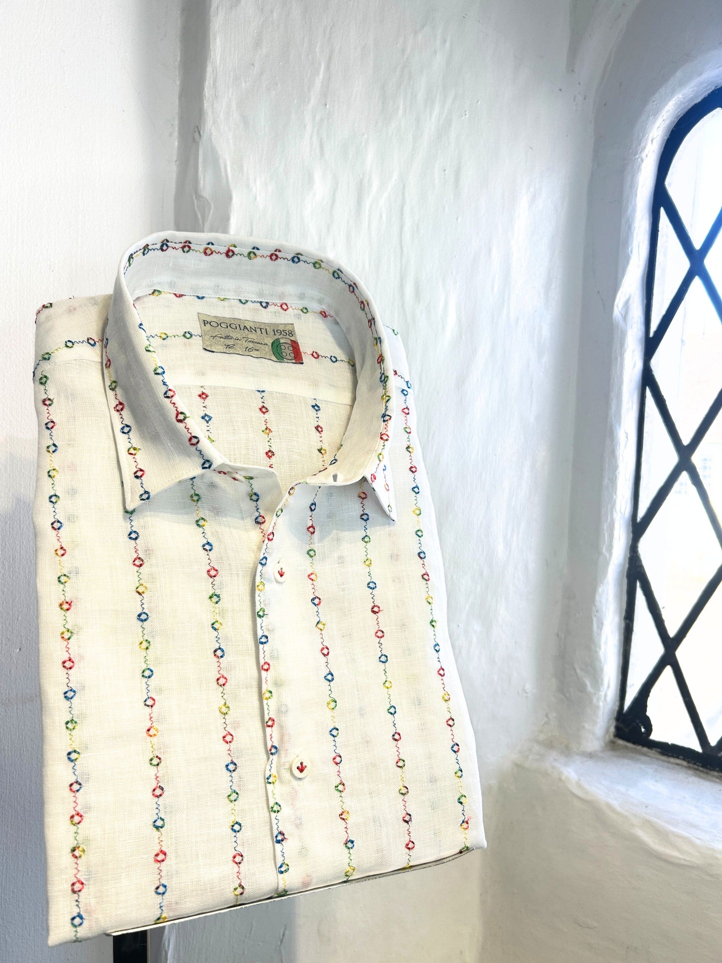 WHITE SHORT SLEEVE SHIRT WITH MULTICOLOUR EMBROIDERY