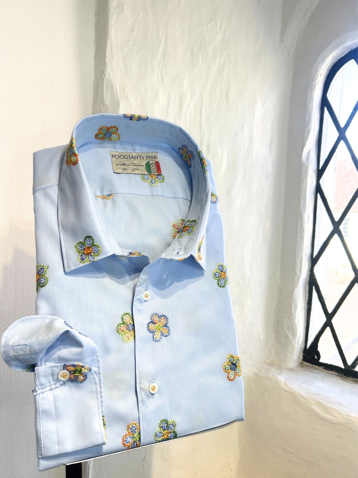 LIGHT BLUE LONG SLEEVE SHIRT WITH COLOURED FLOWERS EMBROIDERY