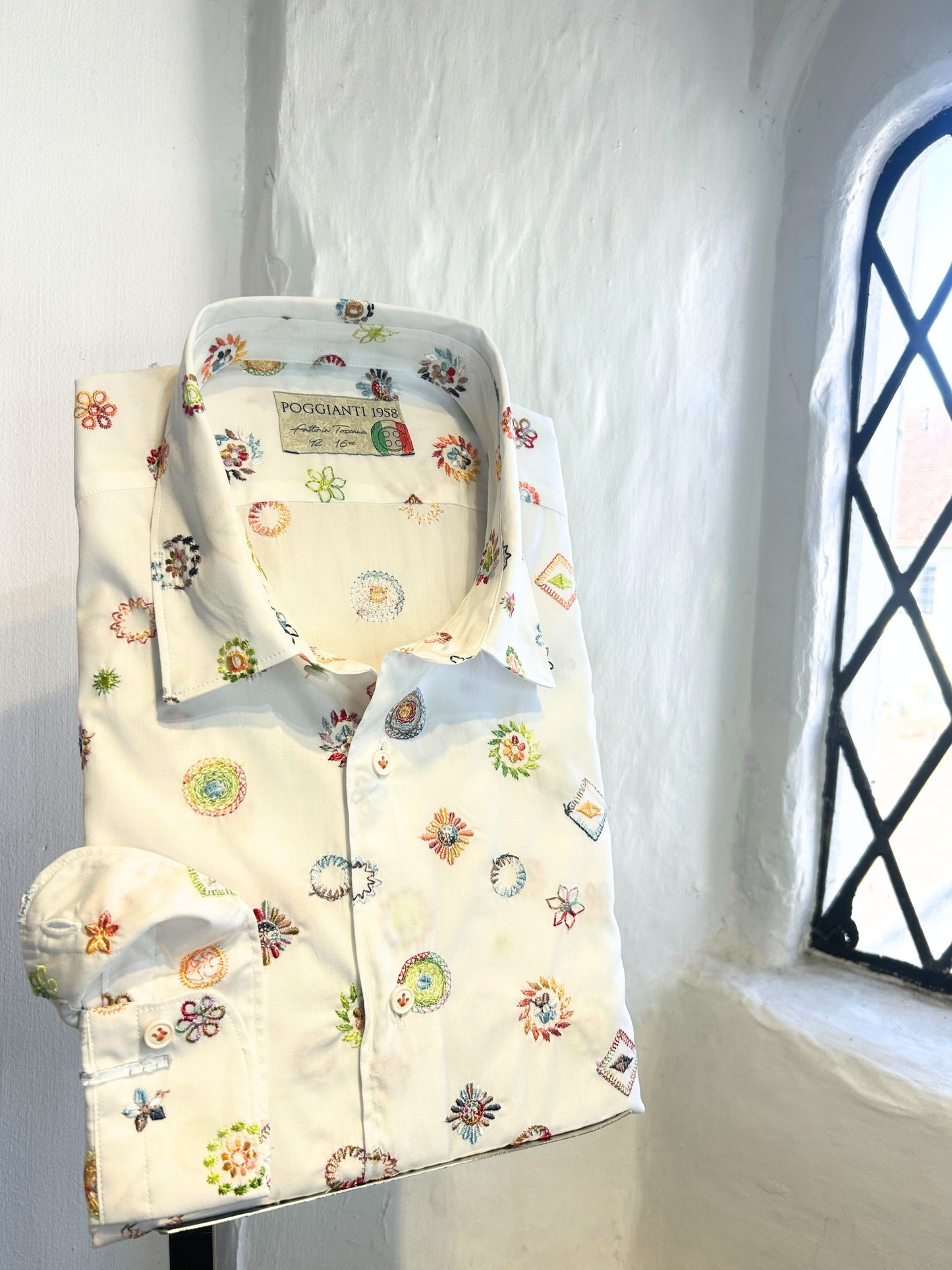 WHITE LONG SLEEVE SHIRT WITH COLOURFUL SHAPES EMBROIDERY