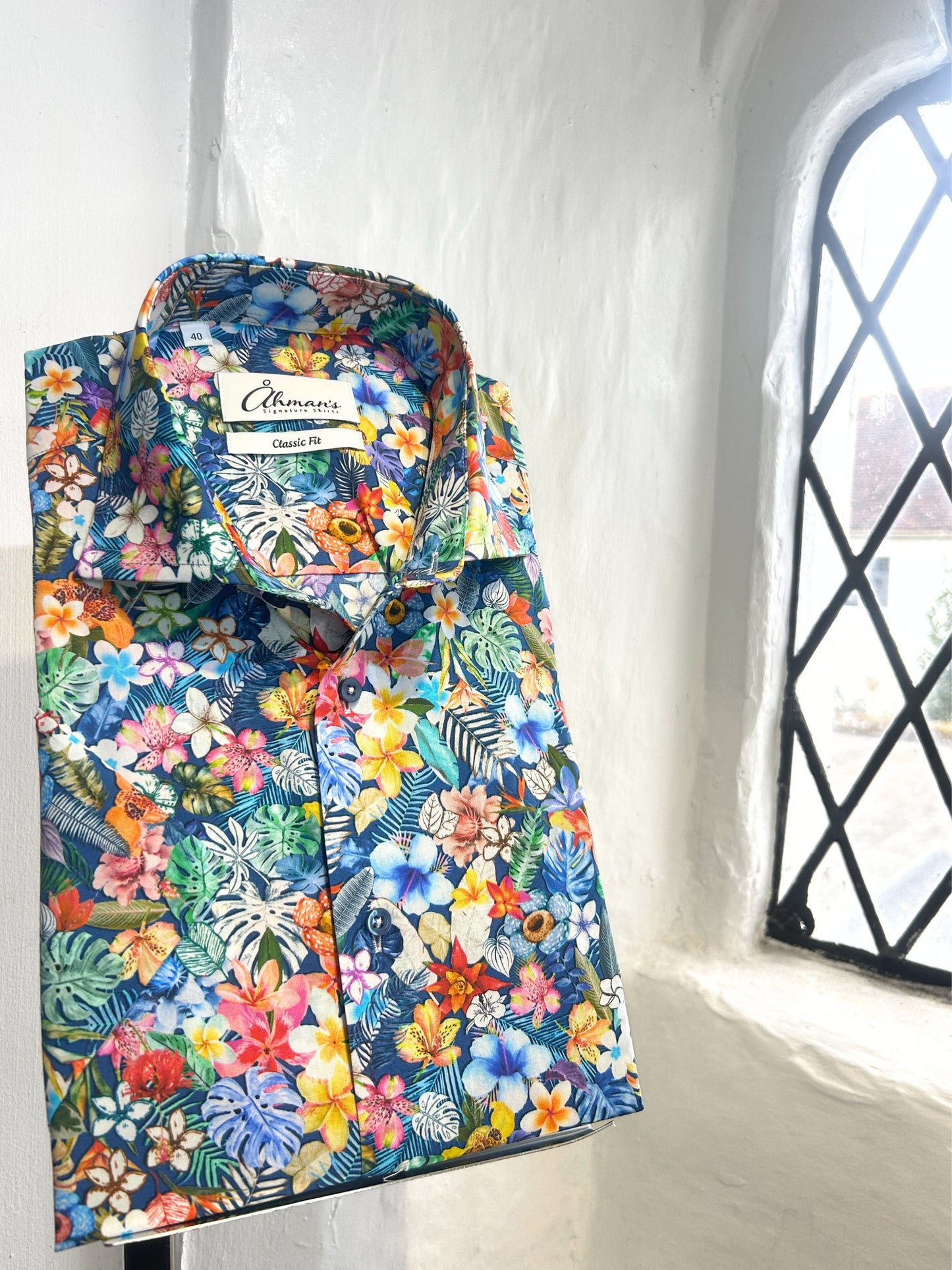MID BLUE FLORAL PRINT COTTON SHORT SLEEVE SHIRT