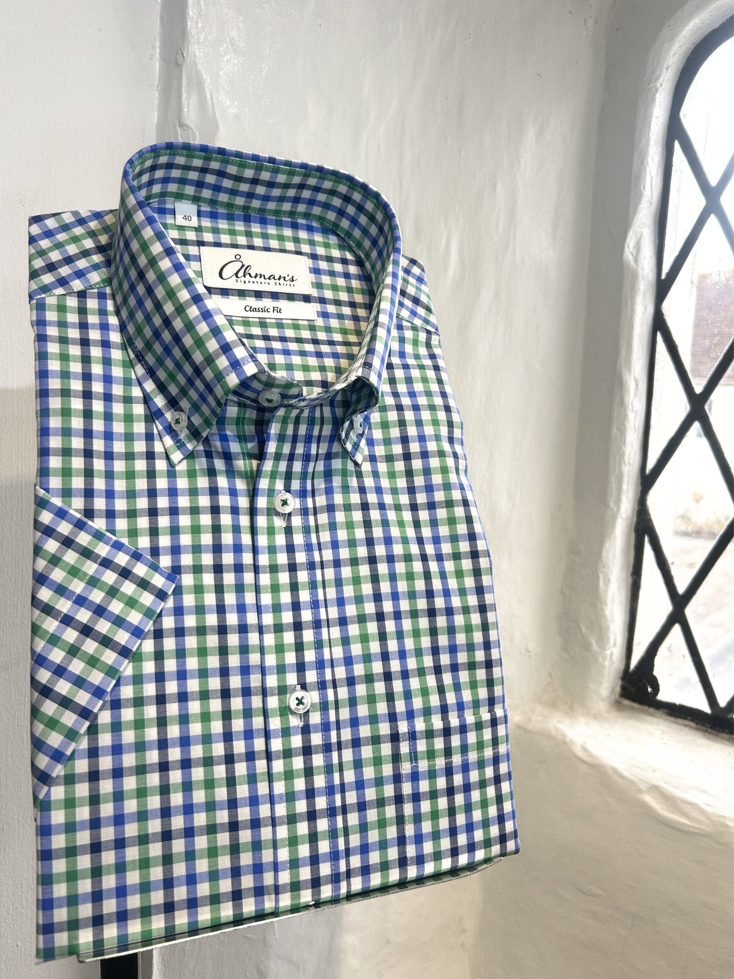 BLUE AND GREEN CHECK COTTON SHORT SLEEVED SHIRT