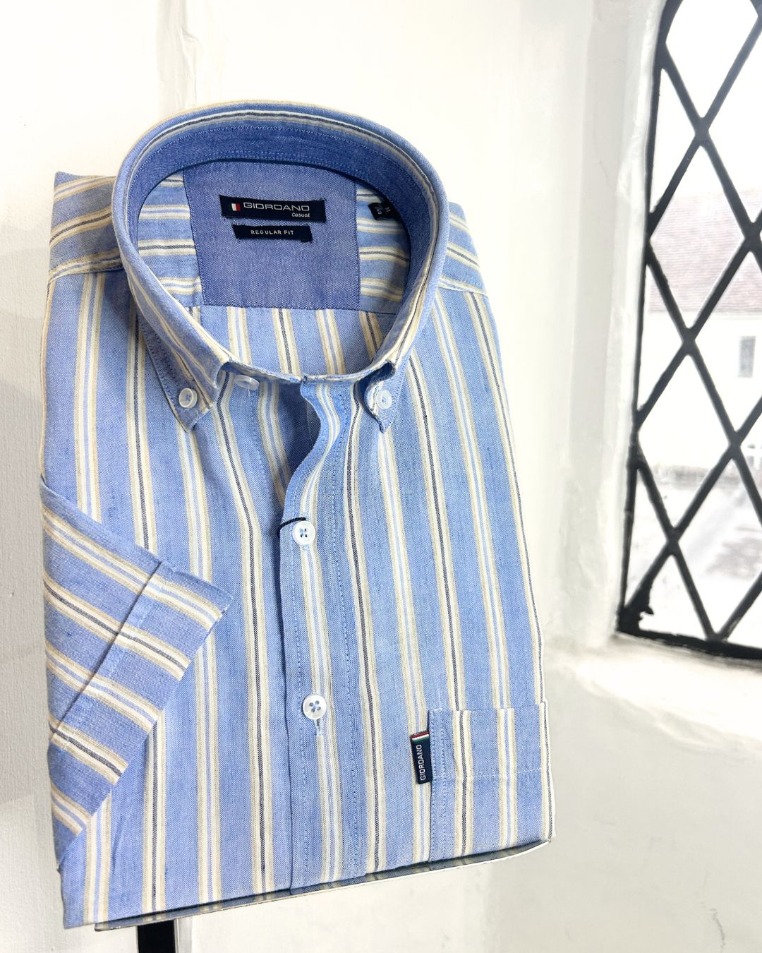 LEAGUE BLUE SHORT SLEEVE LINEN MIX SHIRT WITH NEUTRAL STRIPE