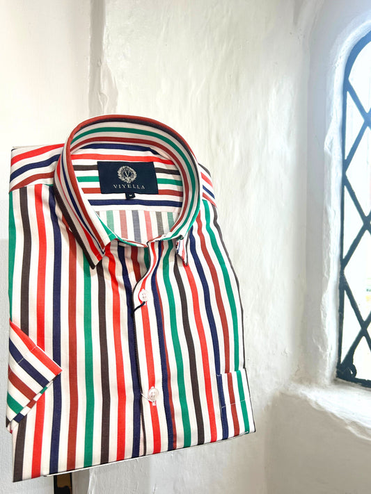 GREEN AND RED STRIPED SHORT SLEEVED SHIRT