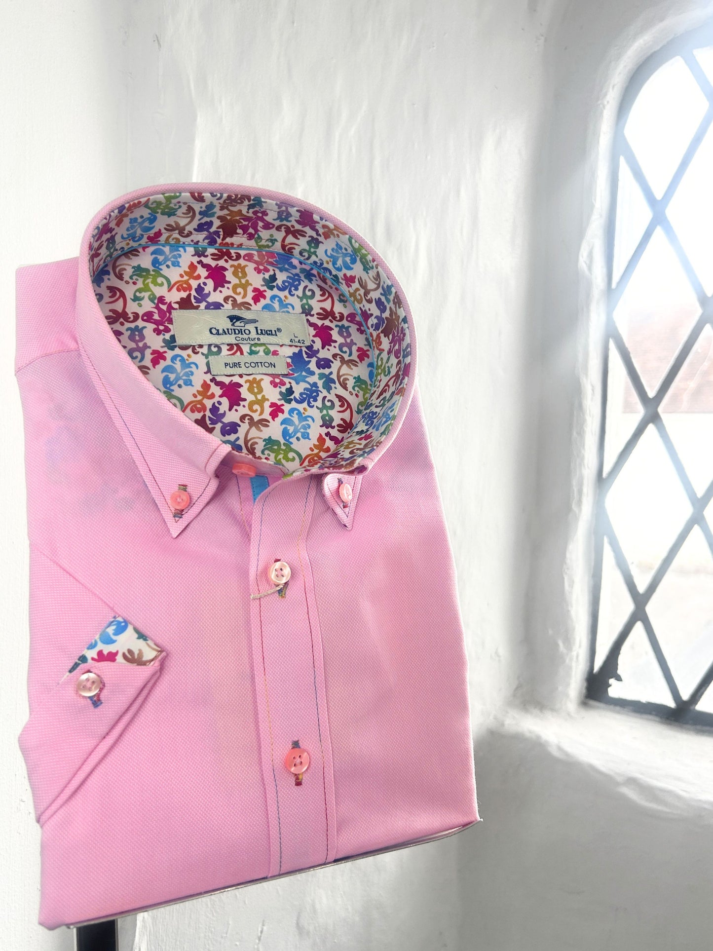 PINK WITH MULTI BAROQUE SCROLL TRIM SHORT SLEEVE SHIRT