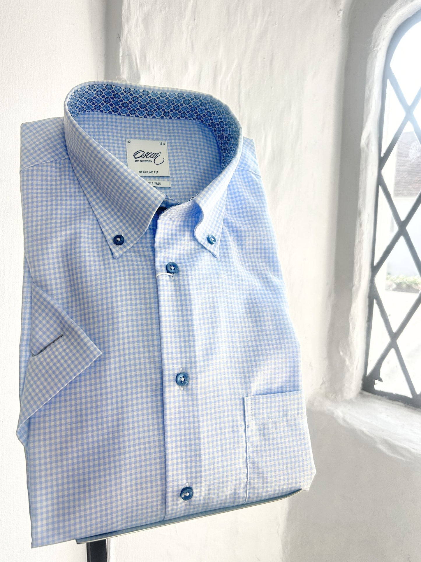LIGHT BLUE CHECK SHORT SLEEVE COTTON SHIRT