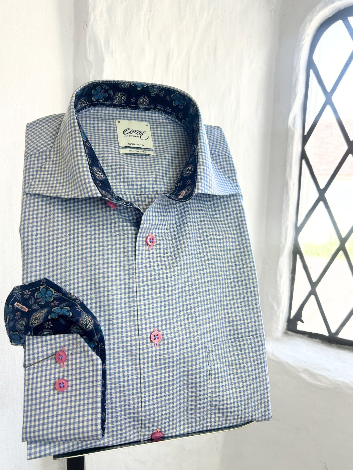 RIVIERA BLUE CHECK LONG SLEEVE SHIRT WITH BLUE FLORAL INSERT