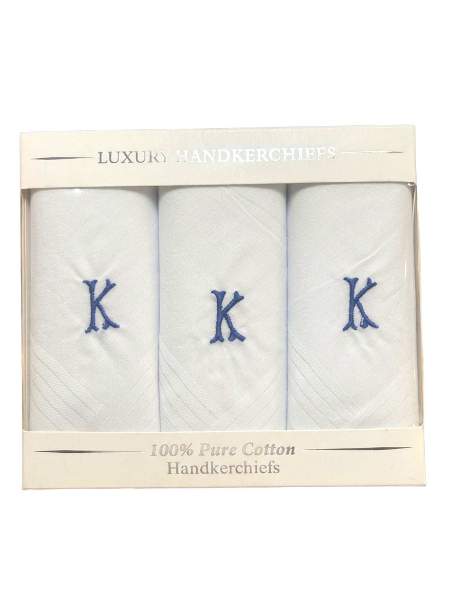 WHITE SATIN HANDKERCHIEF WITH BLUE INITIAL K