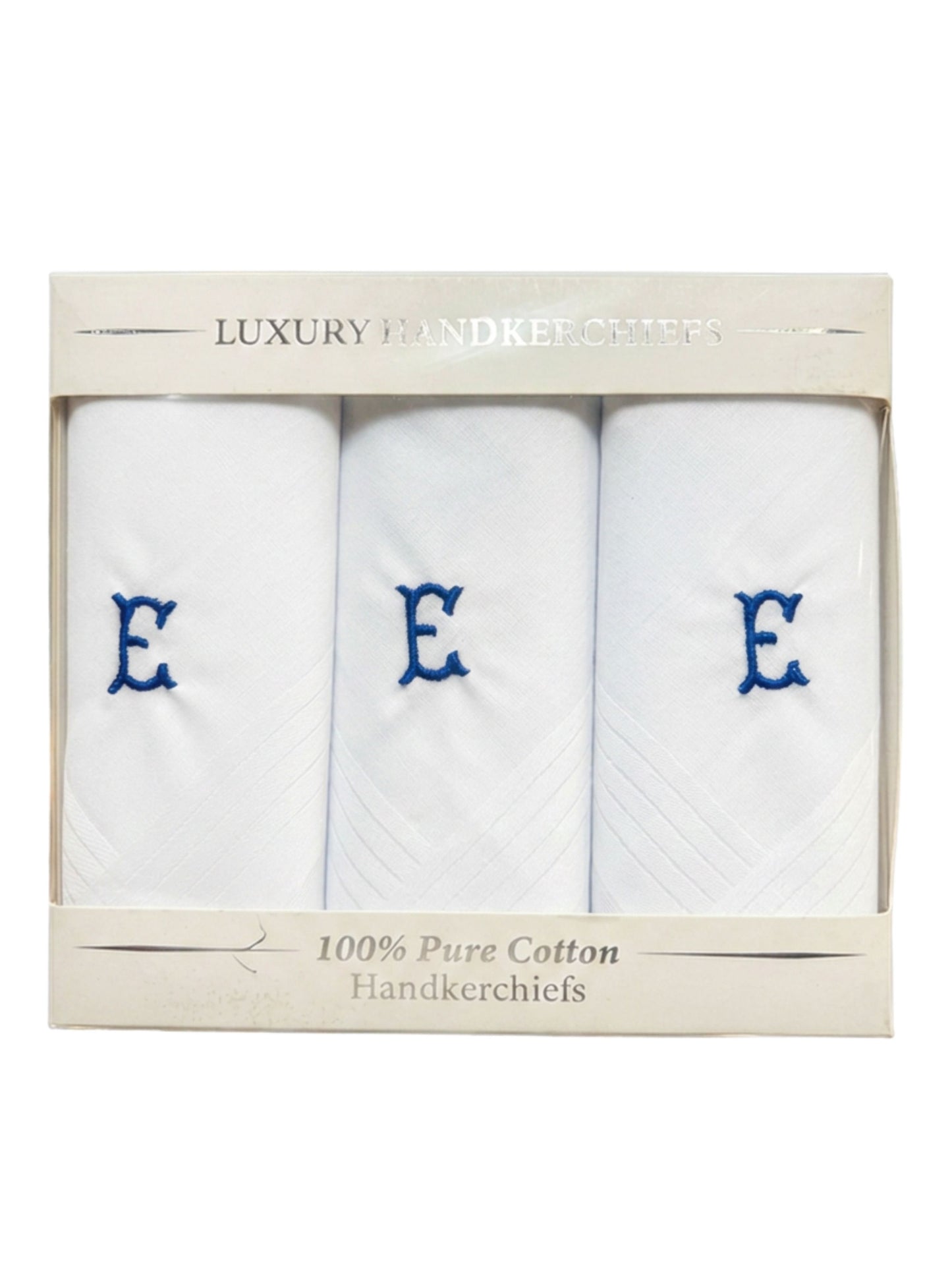 WHITE SATIN HANDKERCHIEF WITH BLUE INITIAL E