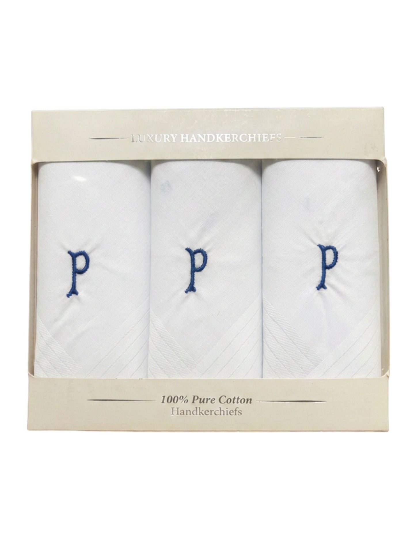 WHITE SATIN HANDKERCHIEF WITH BLUE INITIAL P