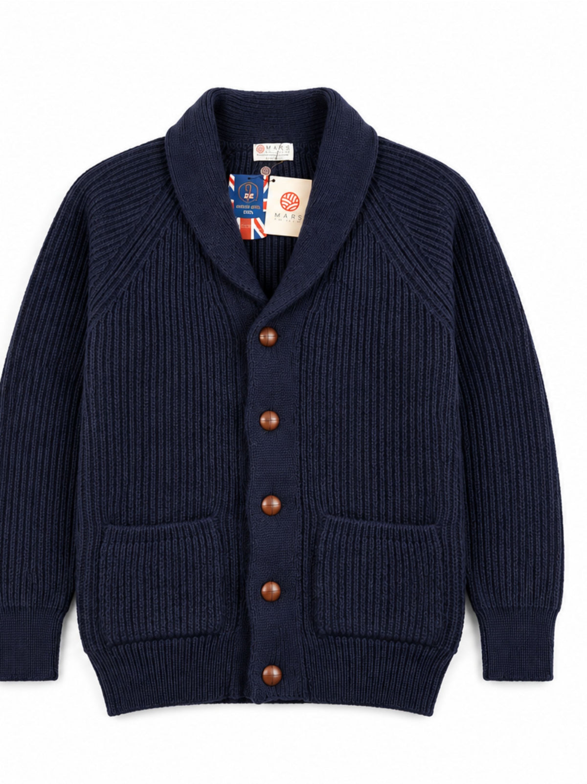 NAVY SHAWL COLLAR WOOL CARDIGAN