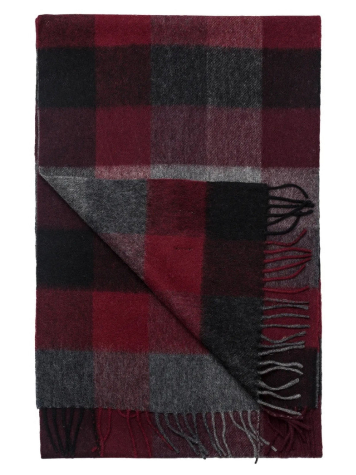 BORDEAUX RED AND GREY CHECK WOOL SCARF