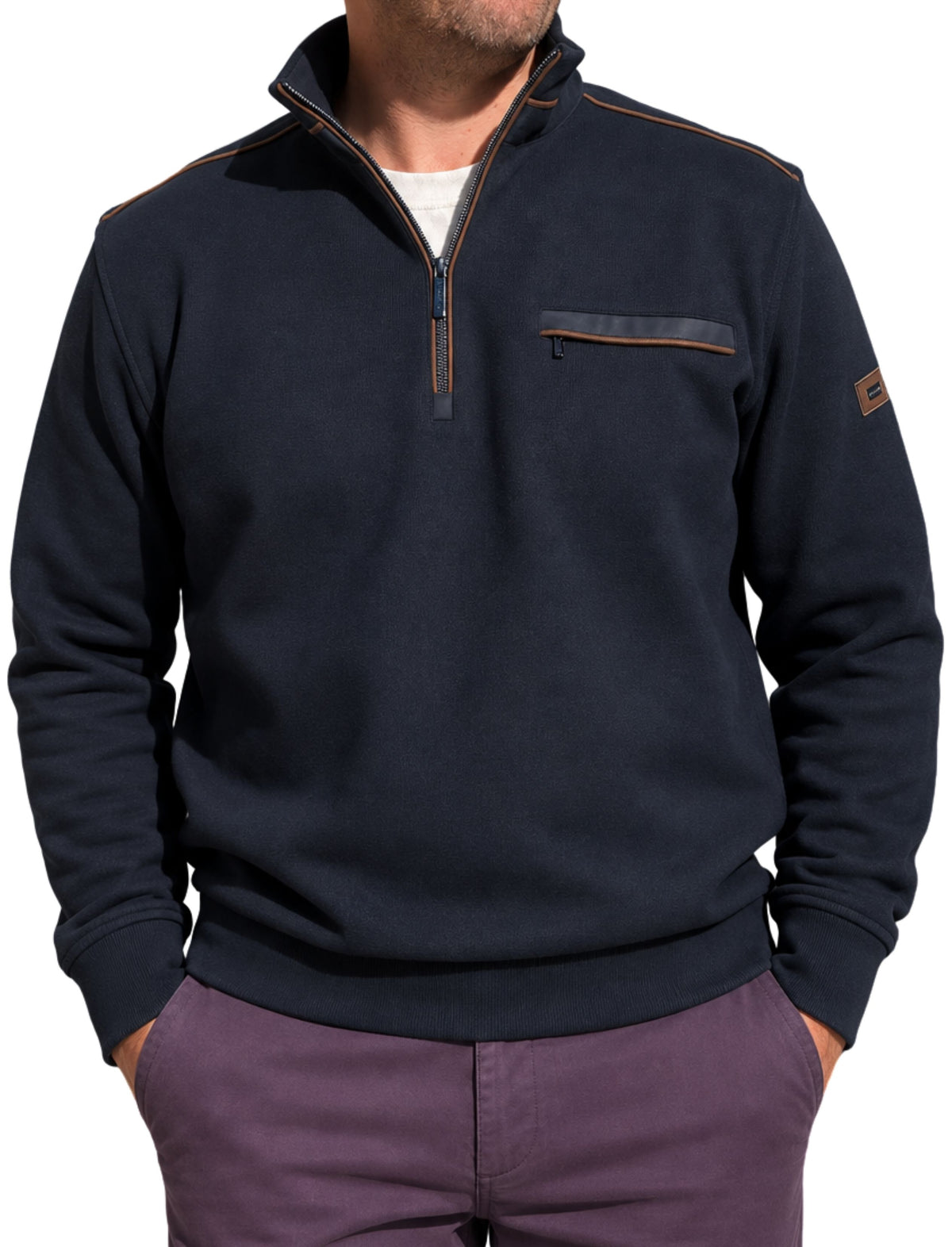 DARK BLUE ZIP NECK SWEATSHIRT