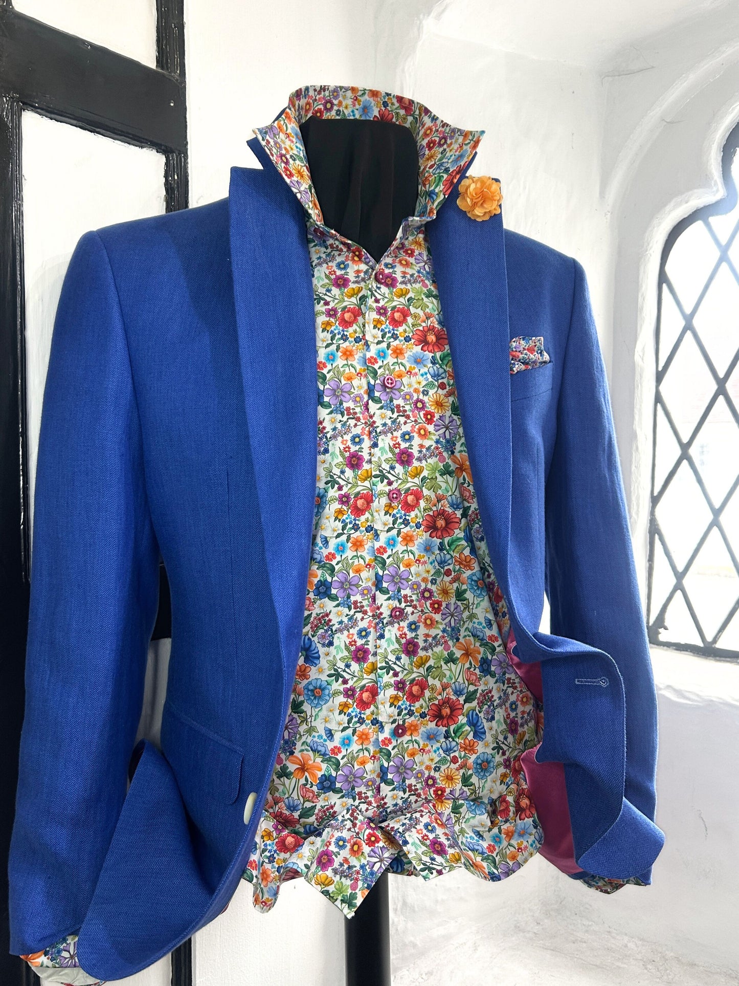 JACK MID BLUE LINEN JACKET WITH PINK AND FLORAL LINING