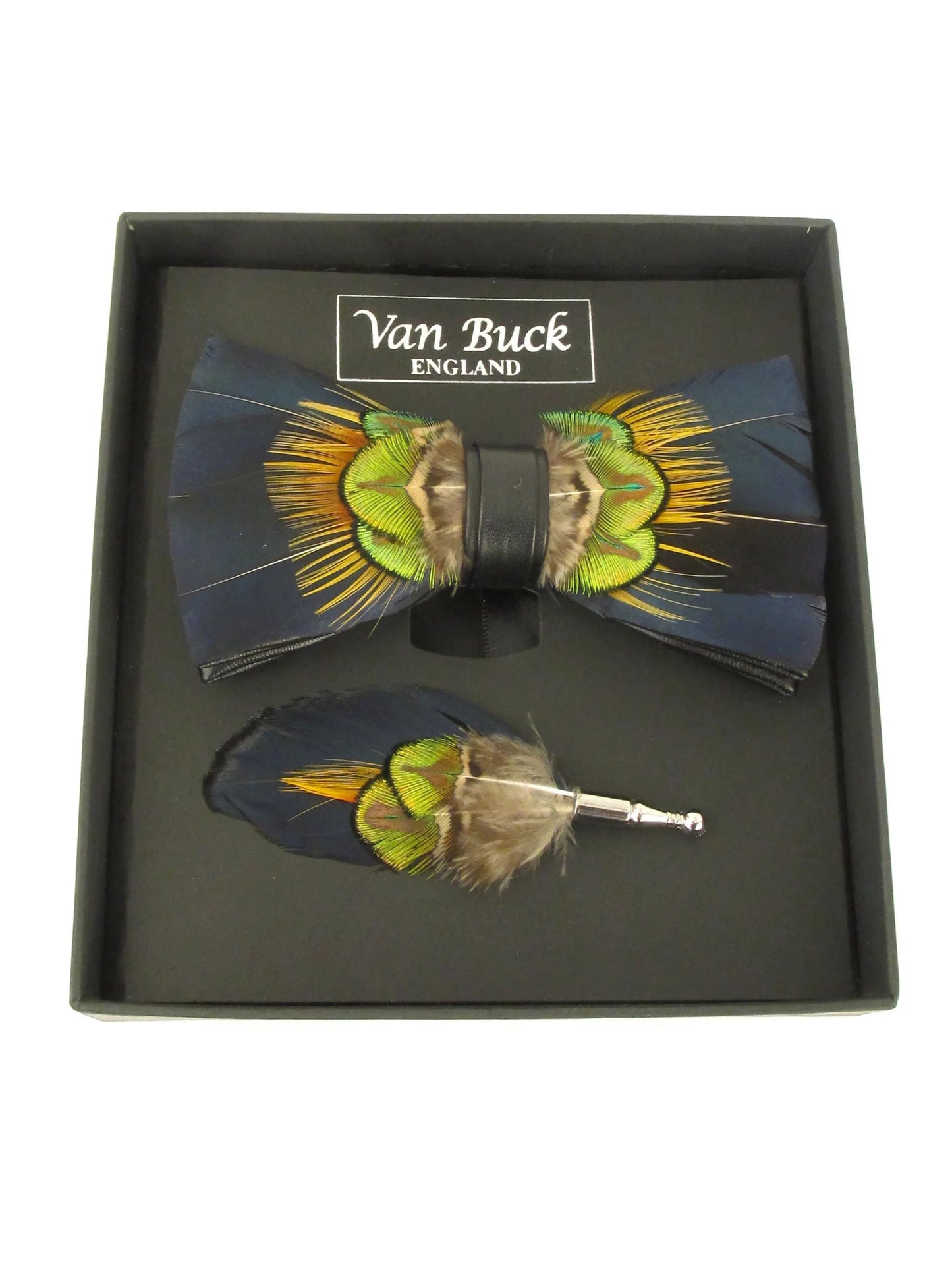 NAVY WITH GOLD AND BROWN FEATHER BOW TIE & LAPEL PIN SET