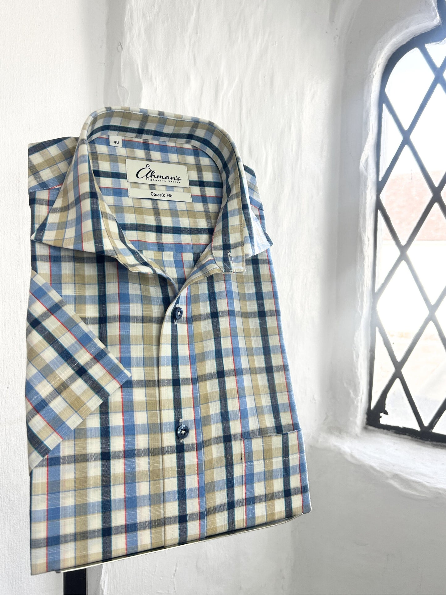 BLUE AND TAN CHECK DESIGN SHORT SLEEVED SHIRT