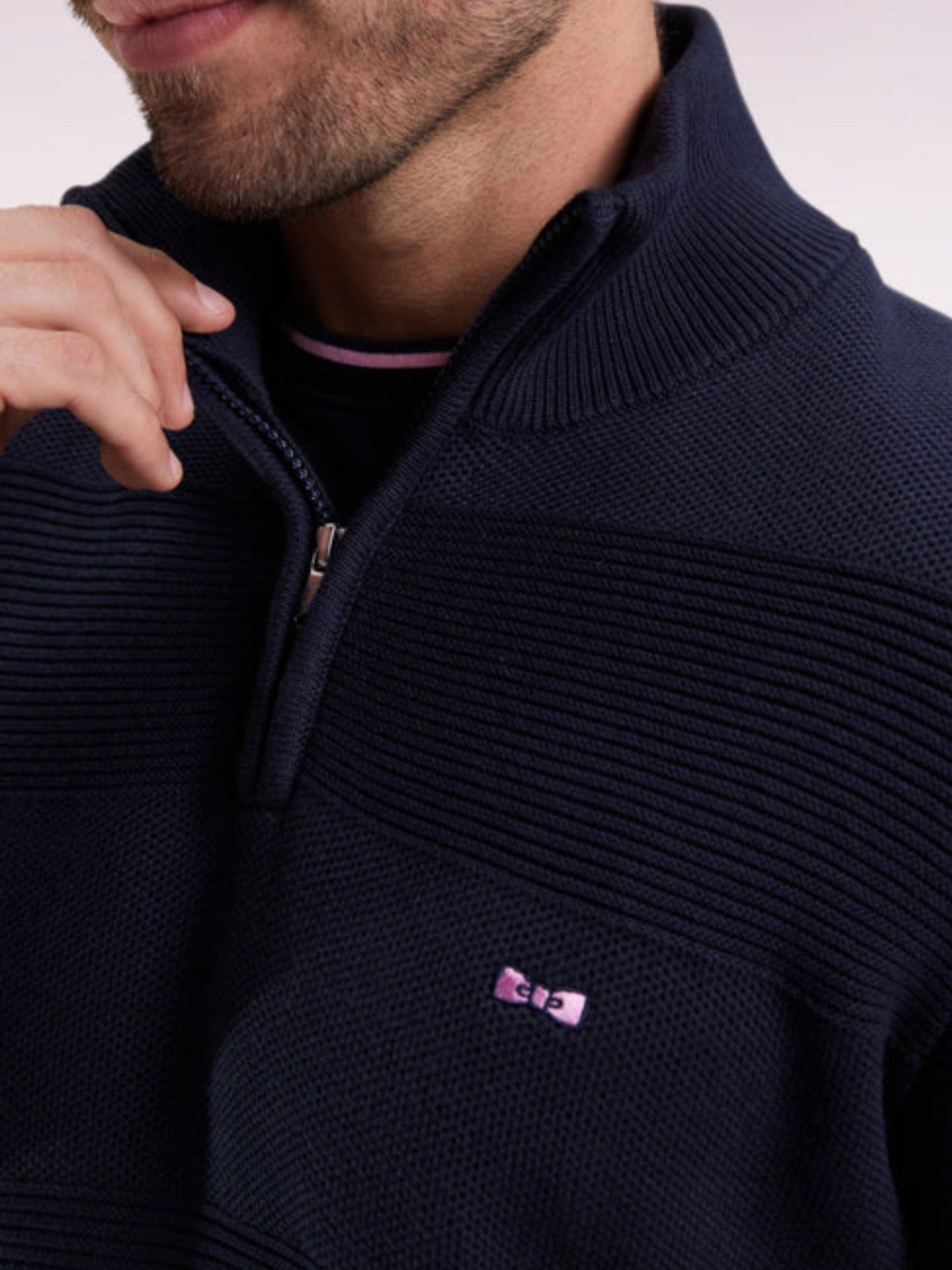 QUARTER ZIP NAVY COTTON BLEND TEXTURED FINISH LONG SLEEVE JUMPER