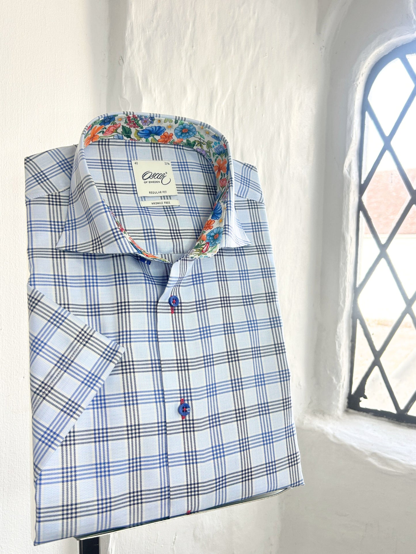 OSCAR DARK BLUE CHECK SHORT SLEEVE SHIRT WITH FLORAL INSERT
