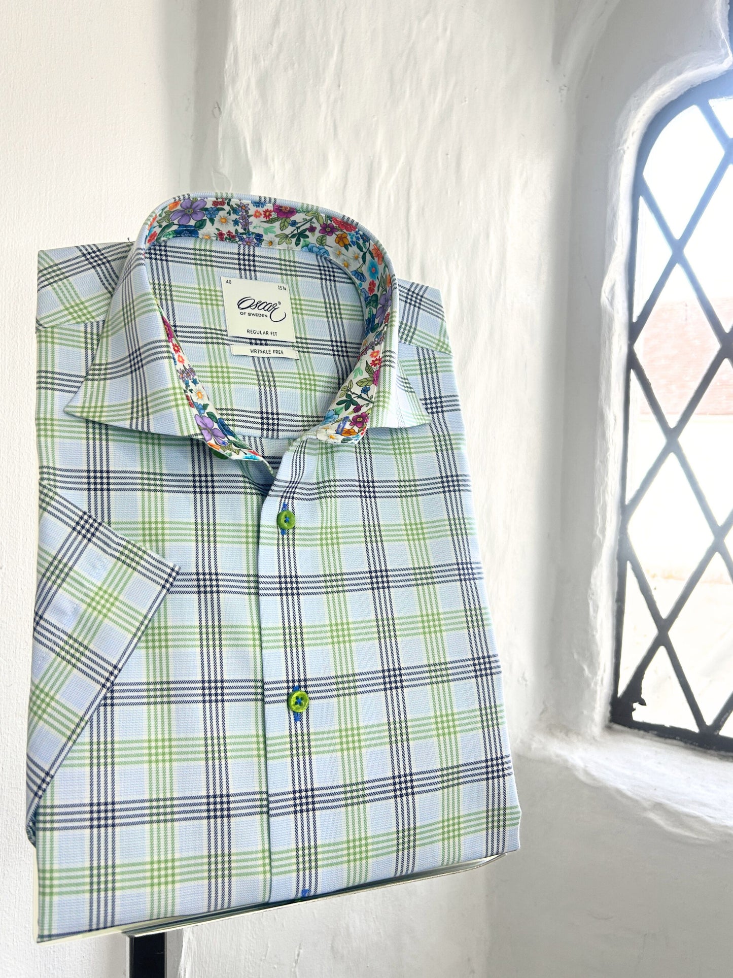 OSCAR FOREST GREEN CHECK SHORT SLEEVE SHIRT WITH FLORAL INSERT