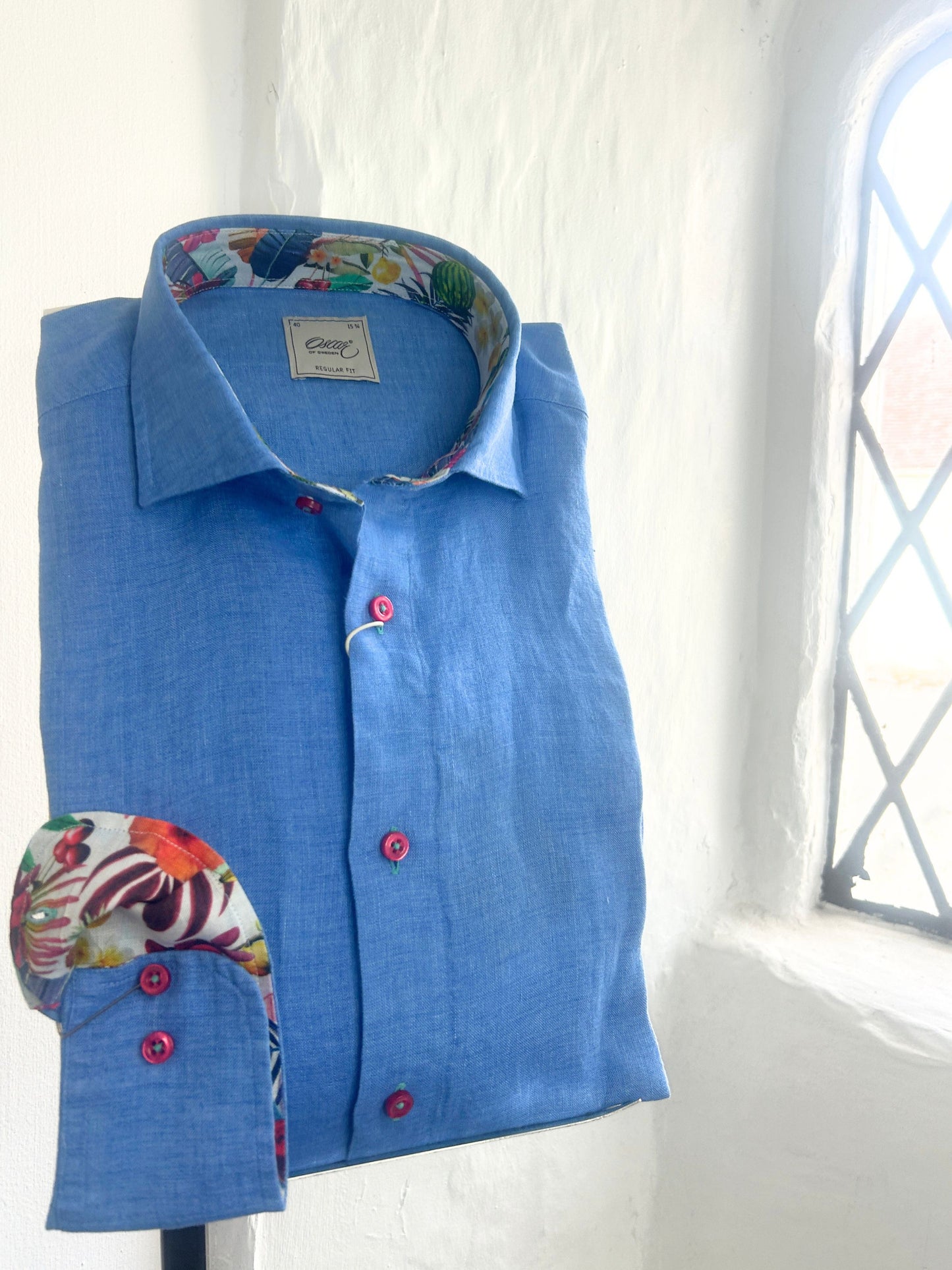 OSCAR MID BLUE PURE LINEN LONG SLEEVE SHIRT WITH TROPICAL INSERT
