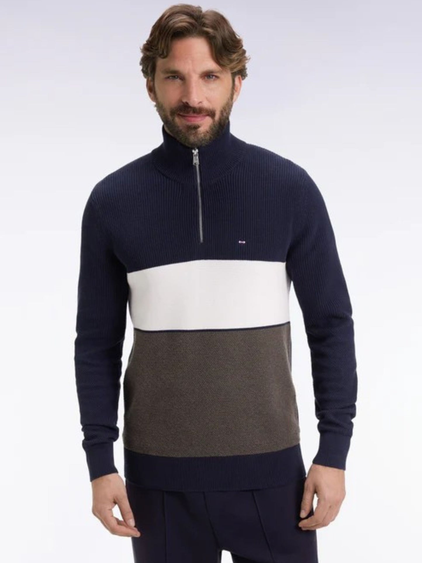QUARTER ZIP TRI-COLOUR COTTON JUMPER
