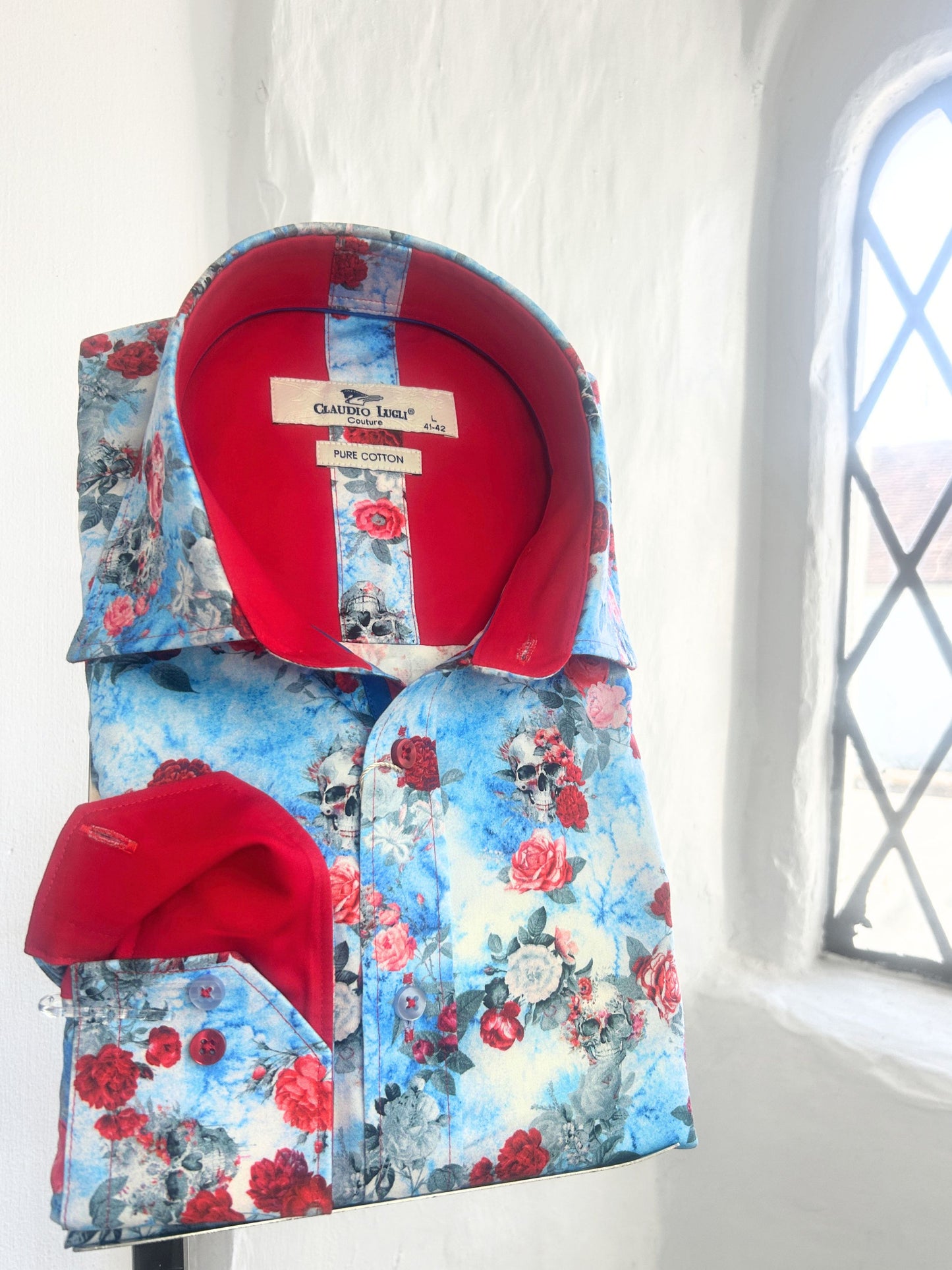 BLUE, GREY AND RED FLORAL SKULLS LONG SLEEVE SHIRT