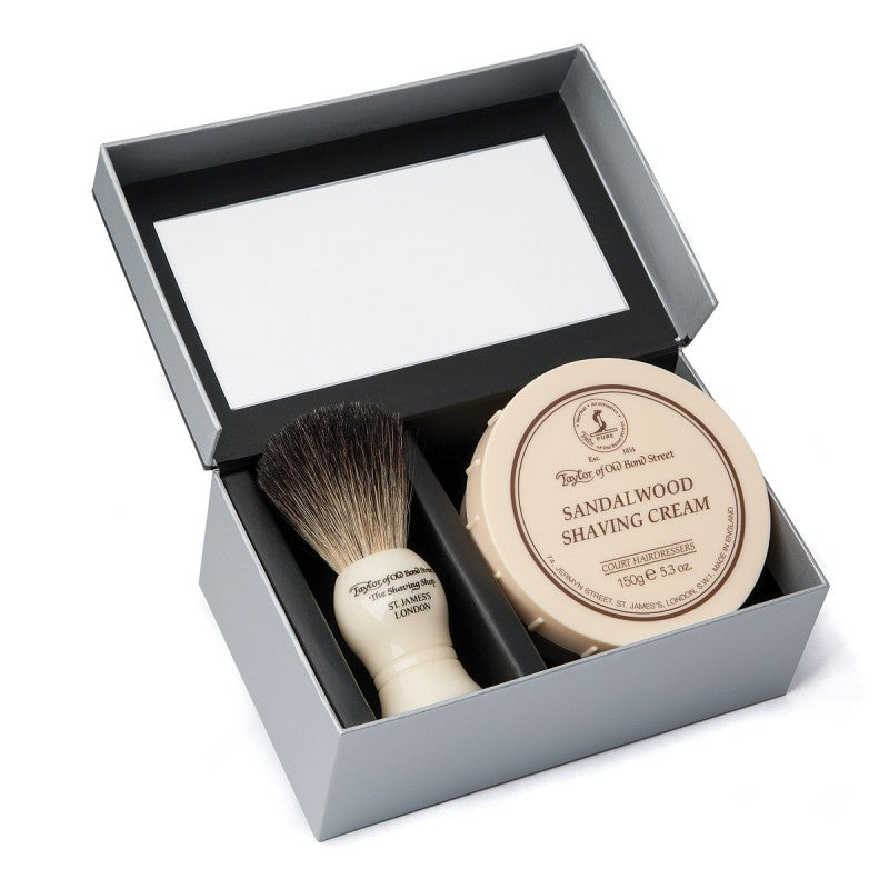 TAYLOR OF OLD BOND STREET SANDALWOOD SHAVING BRUSH AND SHAVING CREAM BOWL SET