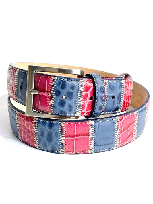 BLUE AND PINK PATCHWORK LEATHER BELT