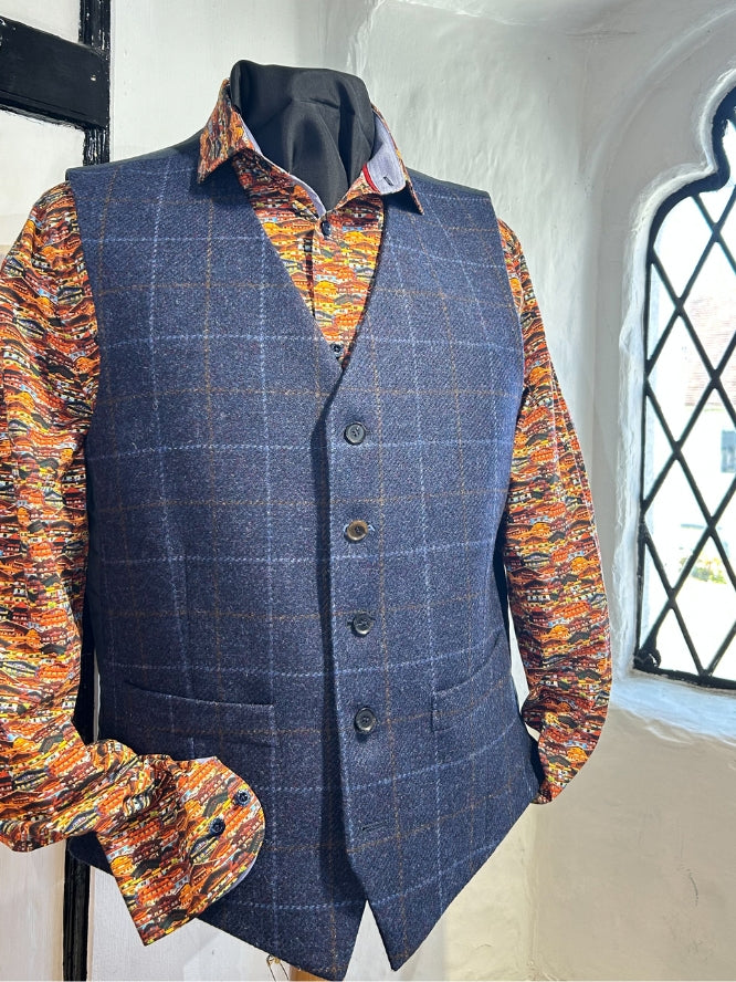 Navy Overcheck Tweed Waistcoat