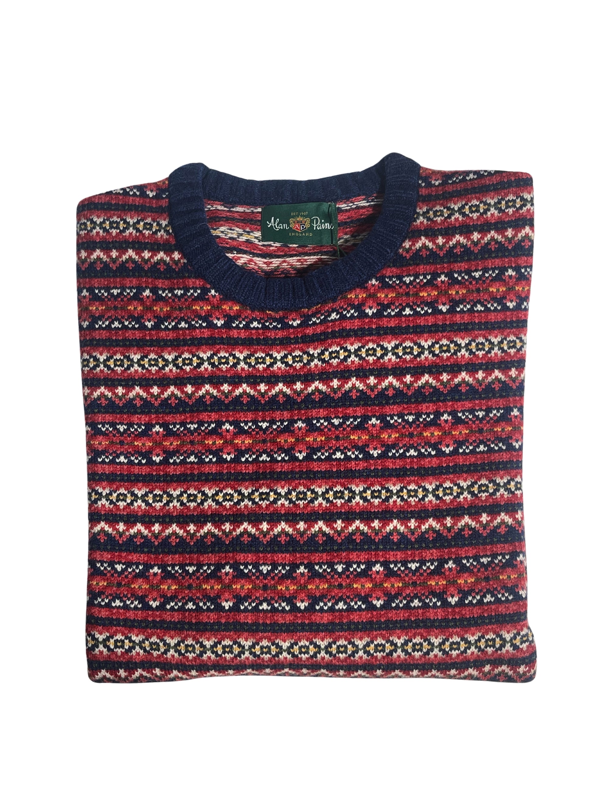 TOWTHORPE FAIRISLE BLUE AND RED CREW NECK JUMPER