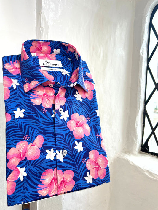 BLUE AND PINK FLORAL SHORT SLEEVED SHIRT